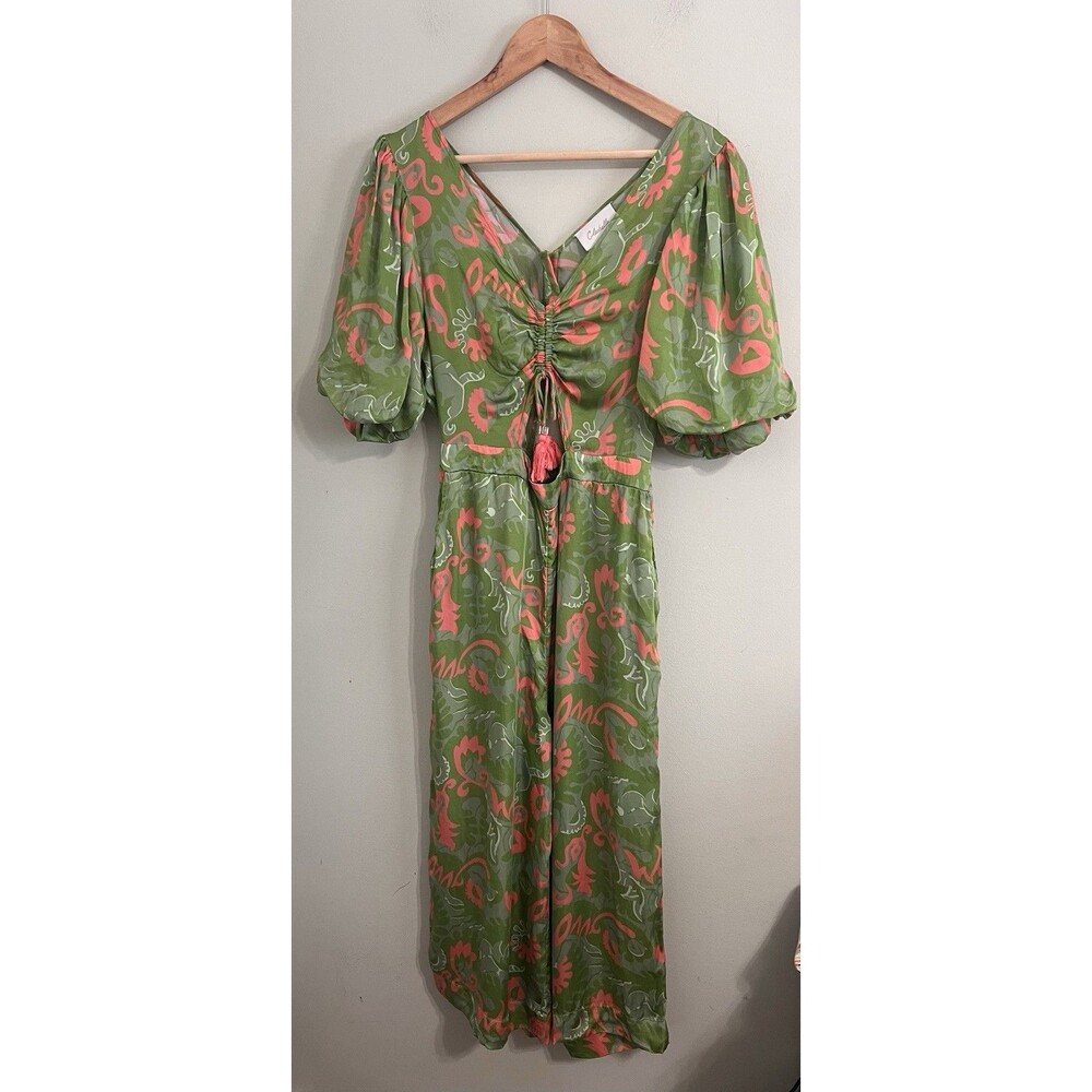 NWOT CLEOBELLA Claire Green Satin Jumpsuit Sz S Abstract Print Short Sleeve - Picture 7 of 13